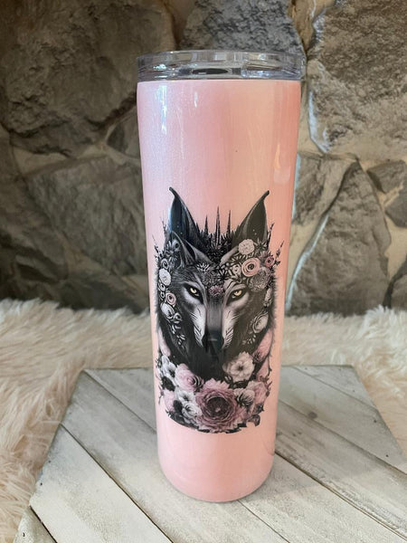 Floral wolf with pink background Tumbler