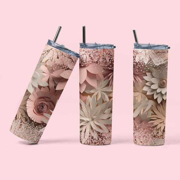 3D Floral Pink & Tan Sublimation Tumbler
