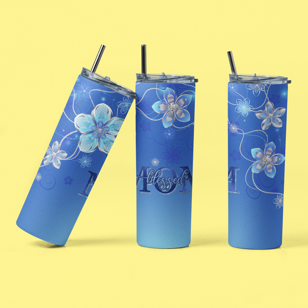 Blue Floral Blessed Mom Sublimation Tumbler