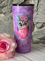Purple, blue and Pink Background with Owl in Coffee Cup Tumbler